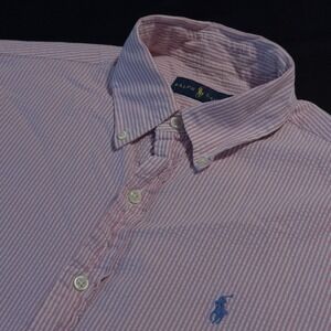 Ralph Lauren Seersucker Shirt‎ Pink White Striped Short Sleeve Button Medium